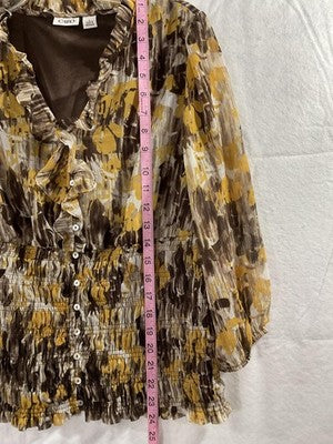 Cato Blouse Womens Large Brown Floral Chiffon Ruffle V Neck 3/4 Sleeve Tunic Top