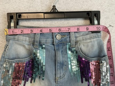 Justice Shorts Girls 7 Blue Denim Mini Mom Sequin Fringe Pockets Raw Hem Sparkle