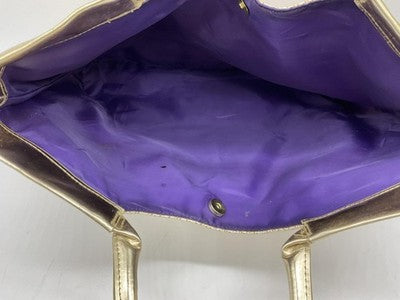 Gold Textured Tote Bag Womens Large Metallic Shoulder Handbag Purple Lining
