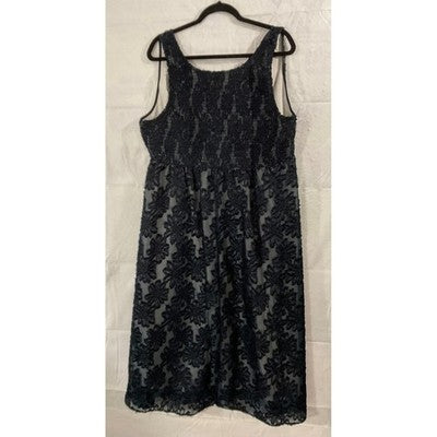 RWJ Midi Dress Womens 3XL Navy Blue Textured Floral Smocked Back Cocktail Dress