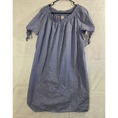 Terra & Sky Shift Dress Women 0X Blue Striped Cotton Smocked Neck Tie Sleeve
