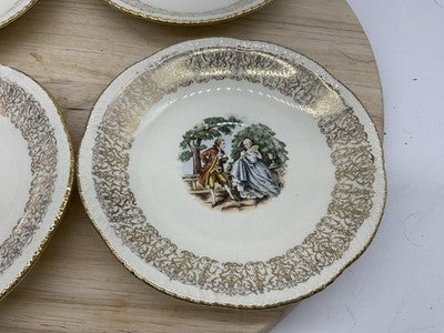 Homer Laughlin Dessert Bowls Set 4 White Gold Courting Couple USA Scene Vintage