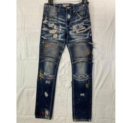 Smoke Rise Moto Jeans Men 32 Blue Distressed Paint Splatter Biker Denim Grunge