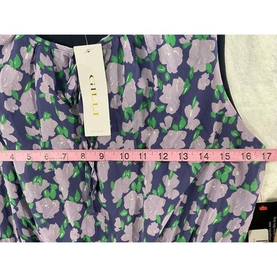 Gilli Floral Sleeveless Dress Womens L Purple Green Elastic Waist Keyhole D18751