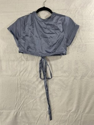 Forever 21 Blouse Womens Medium Blue Satin Crop Top Open Back Tie Shirt