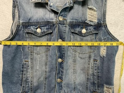 Almost Famous Vest Womens Large Blue Distressed Denim Button Front Sleeveless