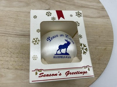 Christmas Bauble Peace On Earth Blue Elk Bluefield White Ornament 70's Vintage