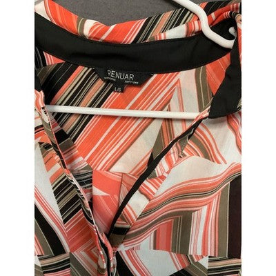 Renuar Sheer Button-Down Blouse L Geometric Striped Print Long Sleeve