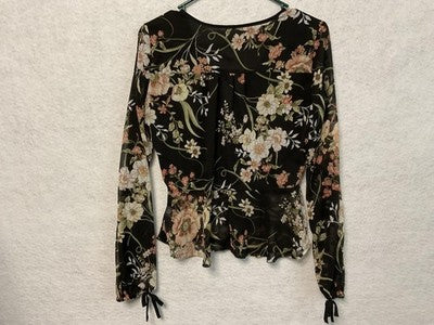 Xhilaration Blouse Womens XS Black Floral Long Sleeve Sheer Button Front