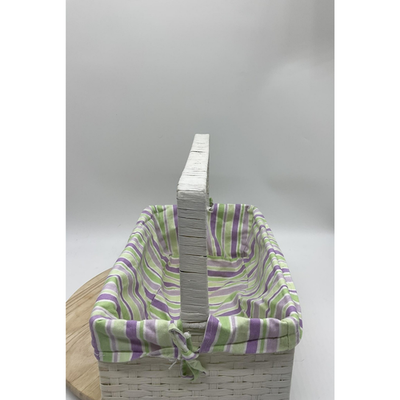White Wicker Rectangular Basket Handle Lined Striped Fabric Insert Storage Tray