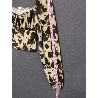 Altar’d States Crop Top Womens Small Brown Ivory Cow Print Long Sleeve Boho Y2K