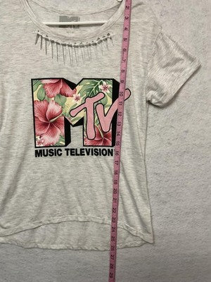 MTV Music Shirt Girls M Gray Floral Logo Cutout Scoop Neck Graphic Tee