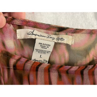 American Rag Blouse Womens Large Pink Brown Abstract Smocked Waist Chiffon Top