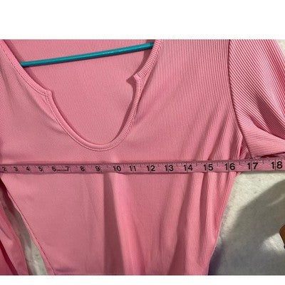 Ribbed Long Sleeve Top Womens Large Pink Notch Neck Cropped Shirt