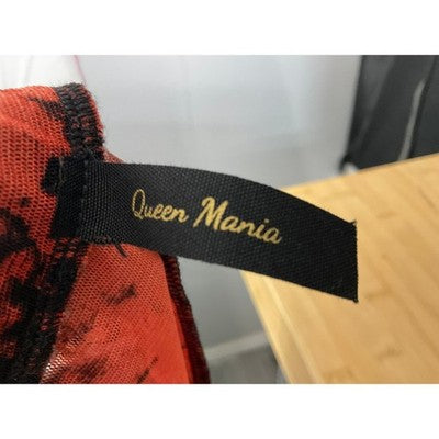 Queen Mania 2 Piece Set Women L Red Black Tie Dye Ruched Mesh Bodysuit Sheer USA