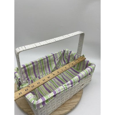 White Wicker Rectangular Basket Handle Lined Striped Fabric Insert Storage Tray