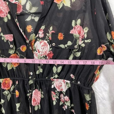 Sirenlily Dress Womens 1X Black Floral Chiffon Sheer 3/4 Roll Tab Maternity