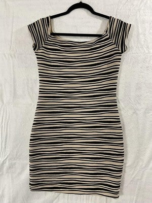 Brat Star Dress Womens Large Black Stripe Cowl Neck Bodycon Mini Stretch