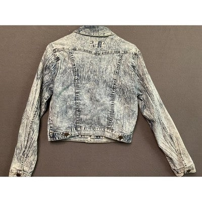 VIP Acid Wash Denim Jacket M Retro 80's Style Grunge Distressed Long Sleeve