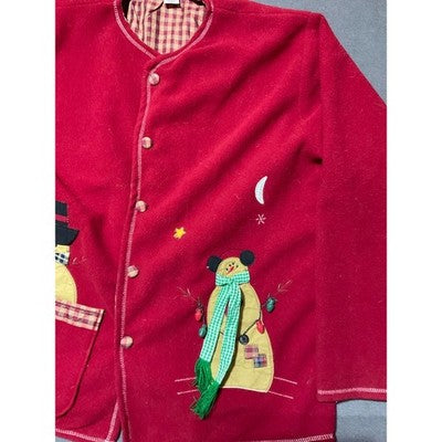 Vintage XL Red Button-Up Holiday Cardigan Jacket/Sweater with Snowman Applique