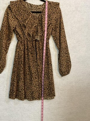 Leopard Print Dress Womens XS Brown Ruffle Long Sleeve V Neck Short Fit Flare