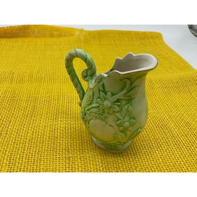 Creamer Pitcher Unisex 4" Green Floral 3D Applied Gold Trim Bud Vase Retro