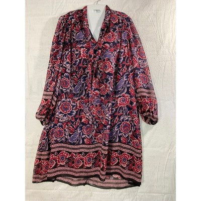Donna Ricco Floral Tie Neck Dress Womens 14 Navy Red Chiffon Long Sleeve Pockets