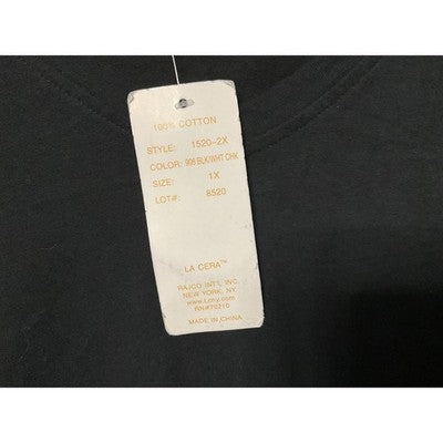 La Cera Shirt Womens 1X Black 100% Cotton Long Sleeve V Neck Plus Size Top