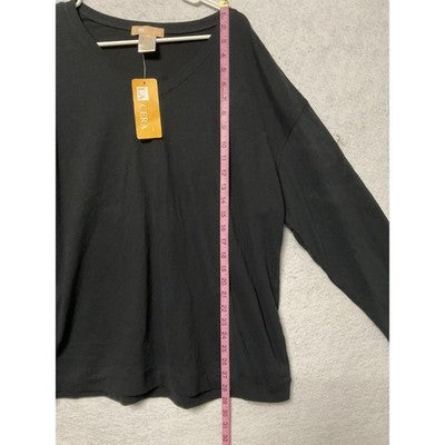 La Cera Shirt Womens 1X Black 100% Cotton Long Sleeve V Neck Plus Size Top