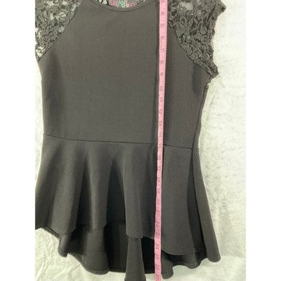 Say Anything Peplum Top Womens XL Black Lace Shoulder High Low Hem Blouse USA