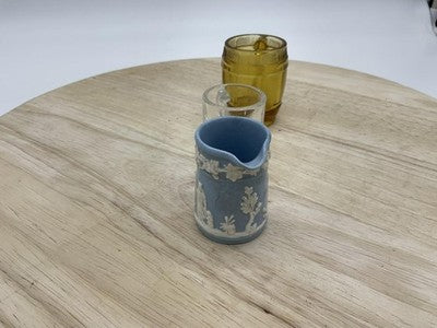Vintage Wedgwood Shot Glasses Set Of 3 Mini Mugs Blue Clear Amber Glass Handles