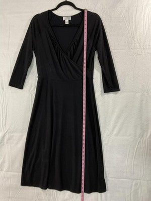 Ann Taylor LOFT Dress Womens 8 Black Faux Wrap 3/4 Sleeve Jersey Fit Flare