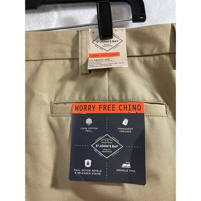 St. John's Bay Chino Pants Mens 40x32 Khaki New Pleated Worry Free Chino