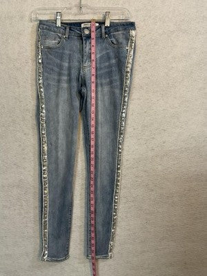 Almost Famous Jeans Juniors 5 Blue Mid Rise Skinny Sequin Side Stripe Stretch