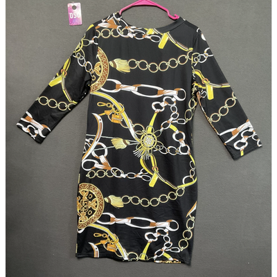 Womens 2XL Chain Print Dress Long Sleeve Stretch Knit Brown Black Tan