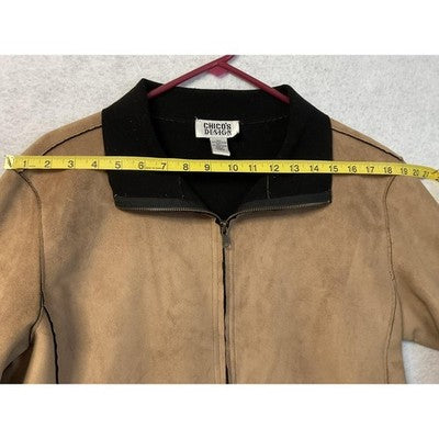 Chico's Design Jacket Womens Large 2 Tan Faux Suede Zip Black Collar Pockets
