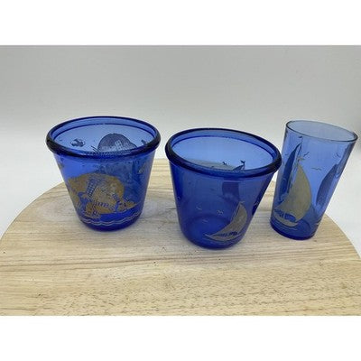 VTG Hazel Atlas Cobalt 2 Ice Buckets, 1 Glass Tumbler Etched Nautical Barware