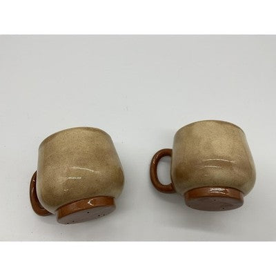 Stoneware Coffee Mugs Set Of 2 Beige Train Steamboat Graphic Unmarked VTG
