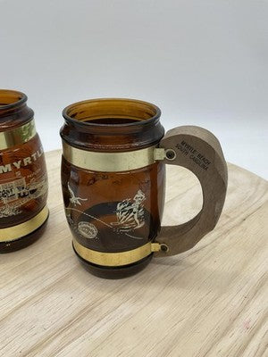 Vintage Siesta Ware Myrtle Beach Amber Glass Souvenir Beer Mugs Set Of 2 USA