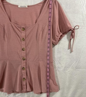 Emerette Blouse Womens Large Pink Button Front Ruffle Peplum Top Short Sleeve