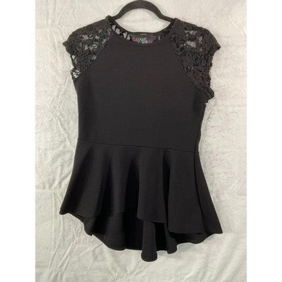 Say Anything Peplum Top Womens XL Black Lace Shoulder High Low Hem Blouse USA