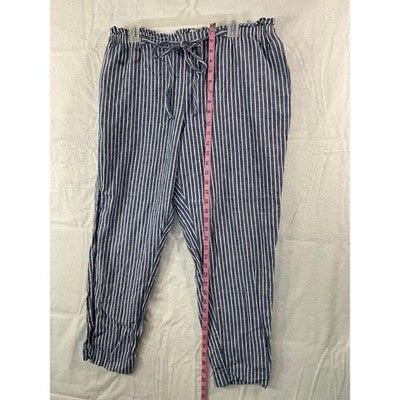 Striped Linen Blend Pants Womens XL Blue White Paperbag Waist Tapered