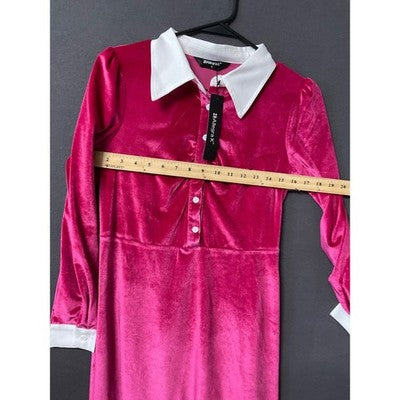 Allegra K Women’s Pink Velvet A-Line Dress With White Collar Size S Retro