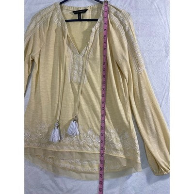 White House Black Market Peasant Top Women Small Yellow Embroidered Boho Blouse
