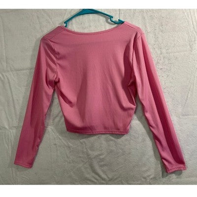 Ribbed Long Sleeve Top Womens Large Pink Notch Neck Cropped Shirt