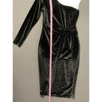 One Shoulder Black Velvet Dress Size  Med Faux Wrap Bodycon Cocktail Gown