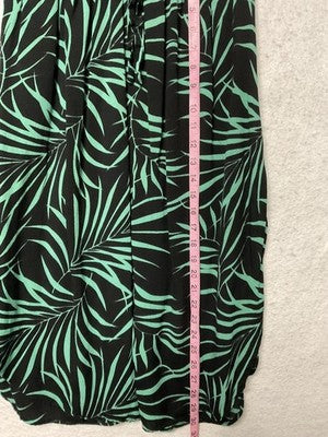 Palm Print Skirt Womens Medium Black Green Bubble Hem Midi Drawstring Waist