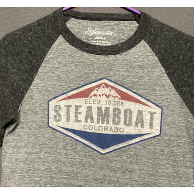 Steamboat Colorado Women’s Small 3/4 Sleeve Raglan Tee Mountain Graphic