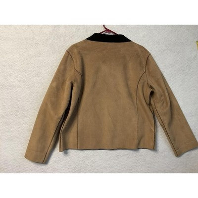 Chico's Design Jacket Womens Large 2 Tan Faux Suede Zip Black Collar Pockets