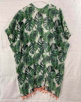 Tropical Kimono Blouse Womens One Size Green Leaf Sheer Tassel Hem Beach Coverup